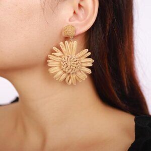 Tan brown raffia vintage boho bohemian flower floral earrings